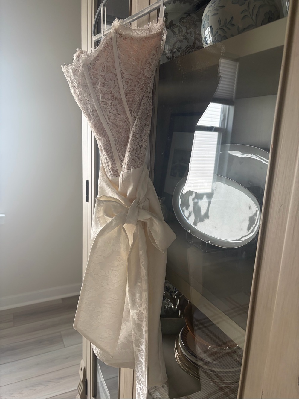 V. Chapman Lace Bodice with Ivory Satin Wrap Mini Dress - Picture 3 of 11